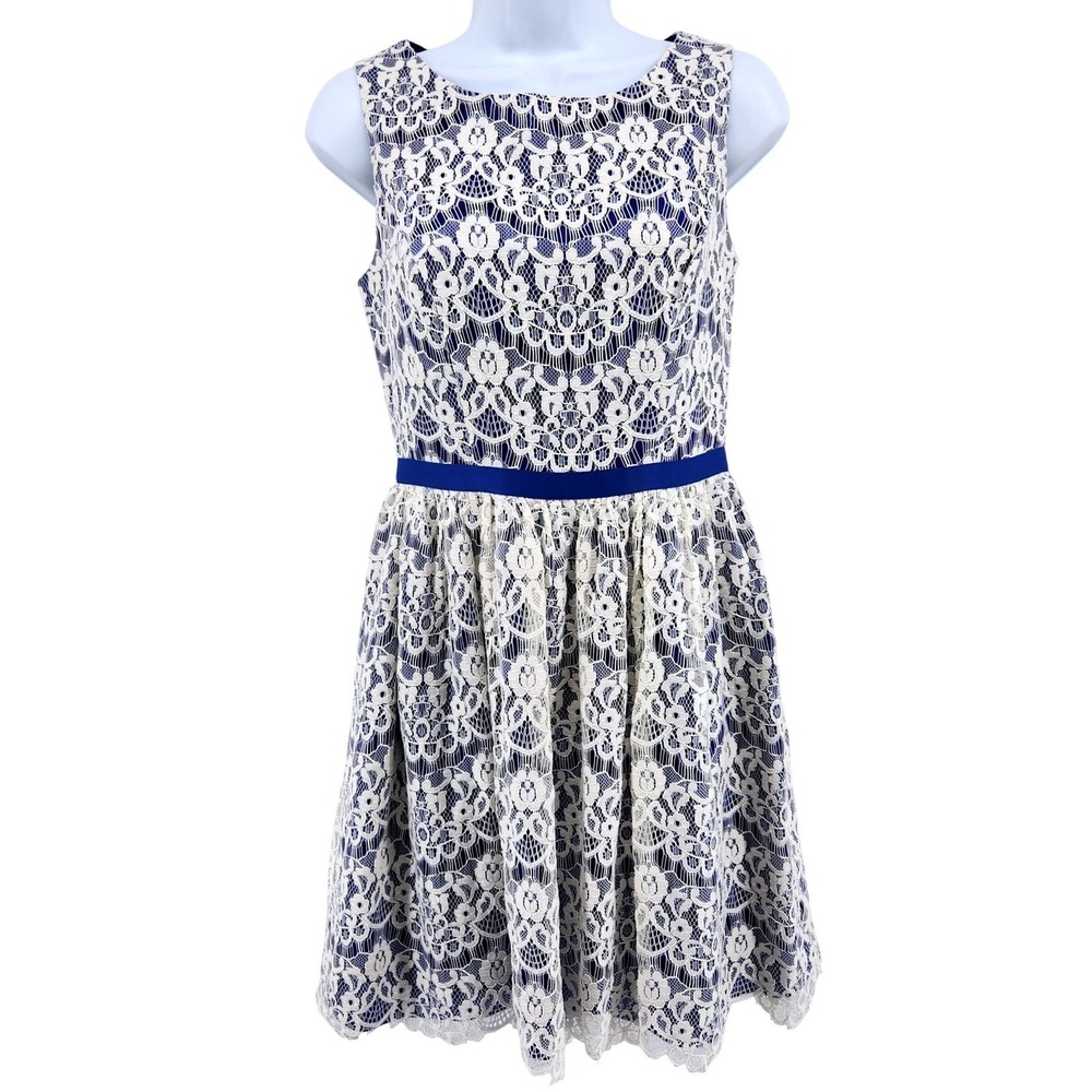 Shoshanna Lace Overlay Fit & Flare Dress Size 2 Blue White Cocktail Party USA